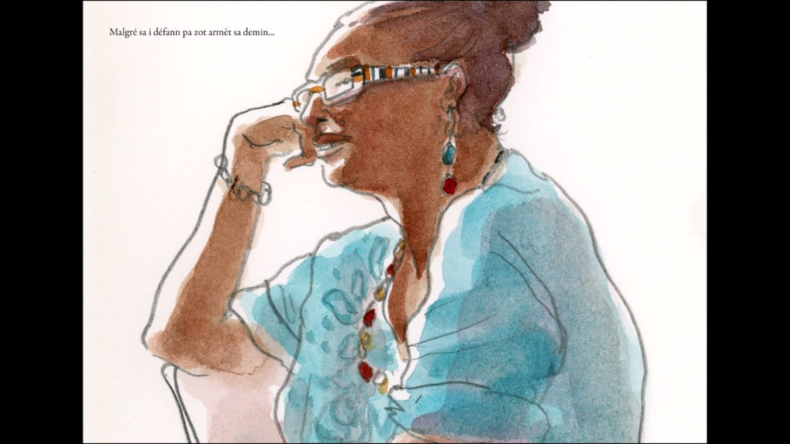 Aquarelle d'une femme en bleu avec lunettes — Malgré sa i défann pa zot armèt sa demin